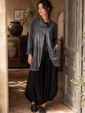 Chalet Grey Cotton Modal Jacket XL Cowl Neck Open Front Boho Lagenlook Minimal